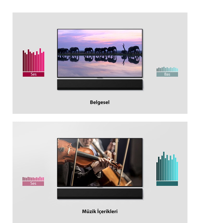Duvara monte TV ve soundbar'ların yan yana iki görüntüsü. Bir TV'de filler, diğerinde orkestra görüntüsü. Her TV'nin yanında iki grafik bulunuyor.