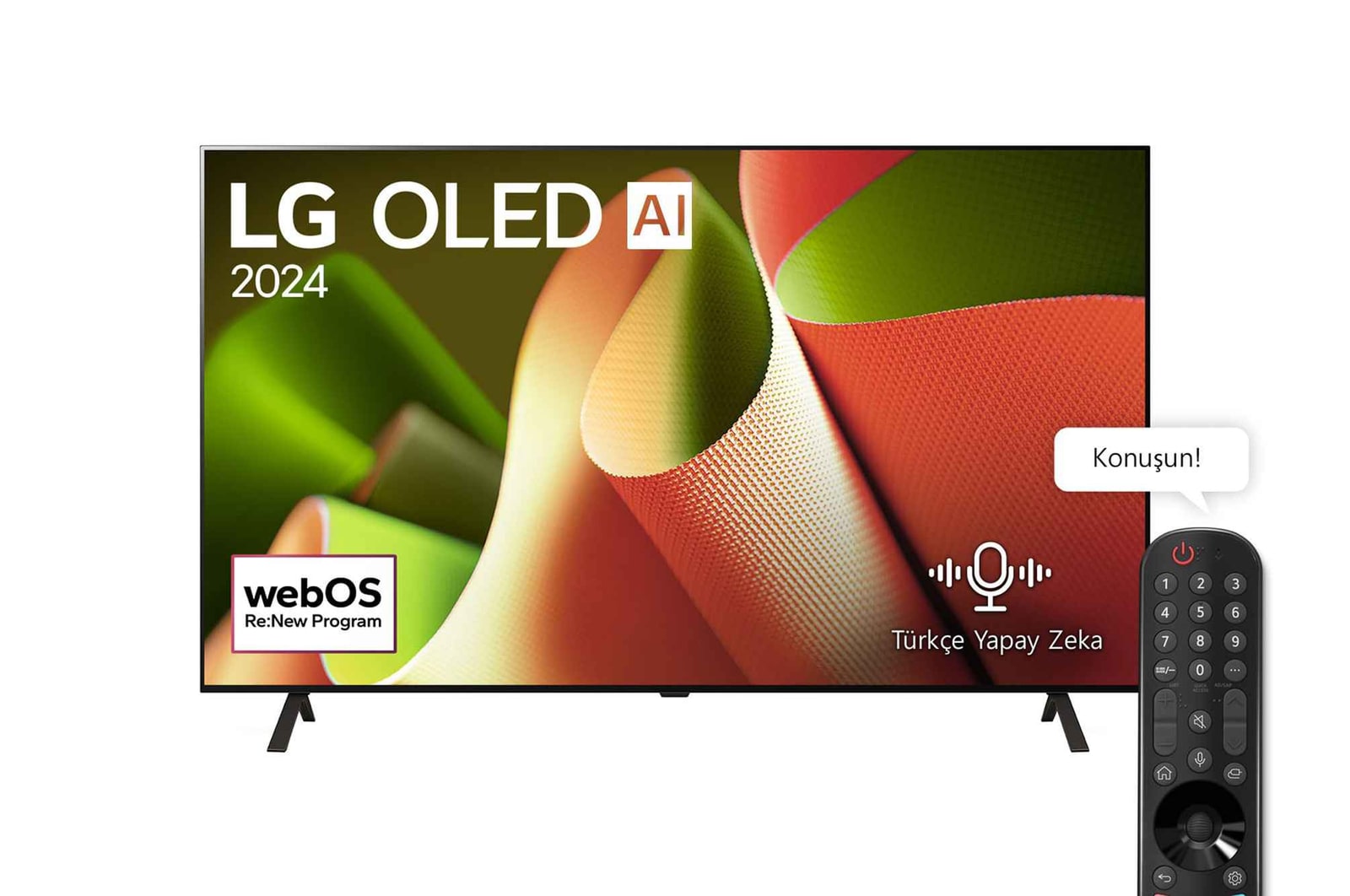 LG OLED TV, OLED AI B4’ün önden görünümü. Ekranda 2 kutuplu stand ile 11 Yıldır Dünyanın 1 Numaralı OLED’i amblemi ve webOS Re:New Program logosu.