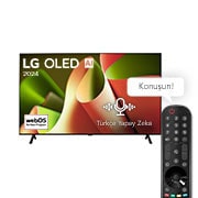 LG OLED TV, OLED AI B4’ün önden görünümü. Ekranda 2 kutuplu stand ile 11 Yıldır Dünyanın 1 Numaralı OLED’i amblemi ve webOS Re:New Program logosu.