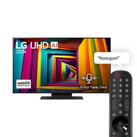 LG UHD TV, UT91’un önden görünümü. Ekranda LG UHD AI ThinQ, 2024 yazısı ve webOS Yenileme Programı logosu yer alıyor.