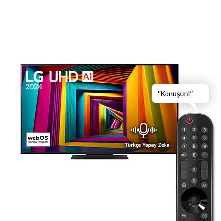 LG UHD TV, UT91’un önden görünümü. Ekranda LG UHD AI ThinQ, 2024 yazısı ve webOS Yenileme Programı logosu yer alıyor.