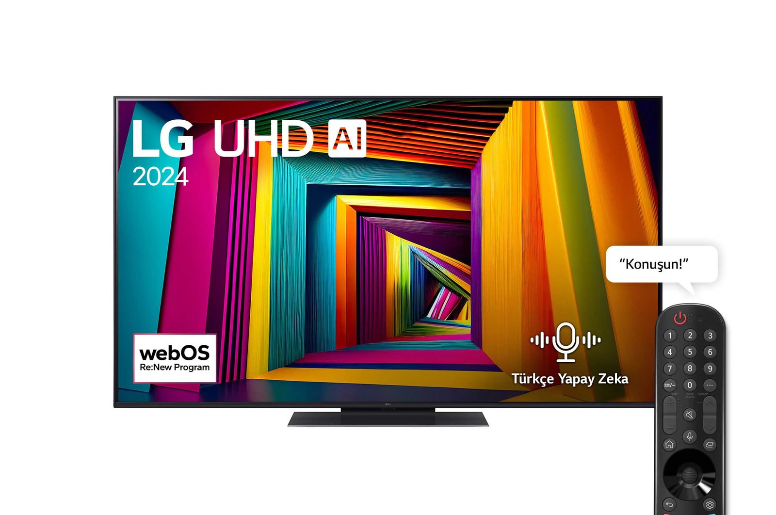 LG UHD TV, UT91’un önden görünümü. Ekranda LG UHD AI ThinQ, 2024 yazısı ve webOS Yenileme Programı logosu yer alıyor.