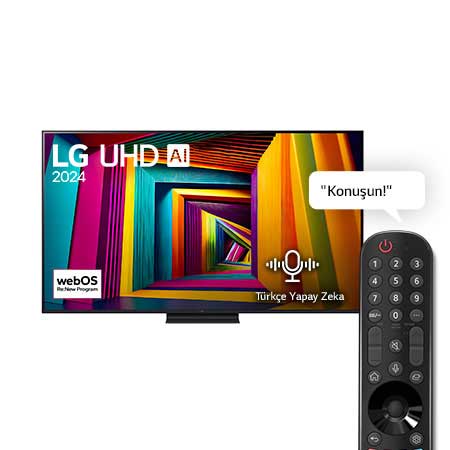 LG UHD TV, UT91’un önden görünümü. Ekranda LG UHD AI ThinQ, 2024 yazısı ve webOS Yenileme Programı logosu yer alıyor.