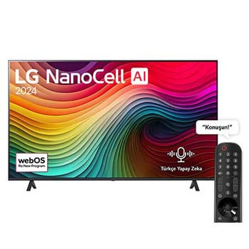 LG NanoCell TV, NANO81un önden görünümü. Ekranda LG NanoCell, 2024 yazısı ve webOS Yenileme Programı logosu yer alıyor.