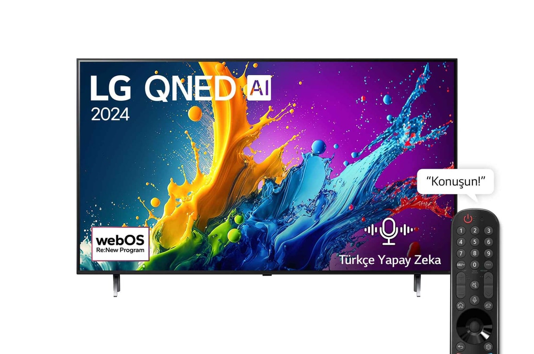 LG QNED TV, QNED80’un önden görünümü. Ekranda LG QNED, 2024 yazısı ve webOS Re:New Program logosu yer alıyor.