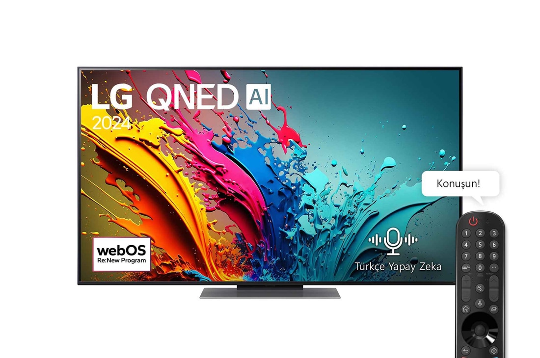 LG QNED TV, QNED85’un önden görünümü. Ekranda LG QNED, 2024 yazısı ve webOS Re:New Program logosu yer alıyor.