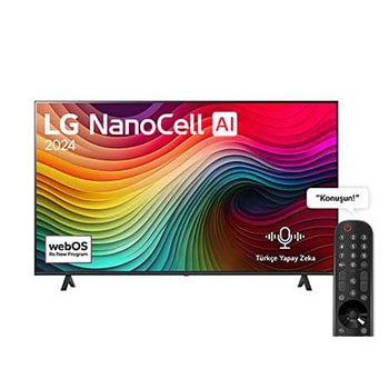 LG NanoCell TV, NANO81un önden görünümü. Ekranda LG NanoCell, 2024 yazısı ve webOS Yenileme Programı logosu yer alıyor.