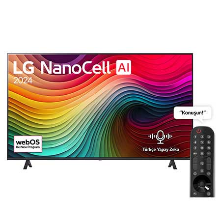 LG NanoCell TV, NANO81un önden görünümü. Ekranda LG NanoCell, 2024 yazısı ve webOS Yenileme Programı logosu yer alıyor.