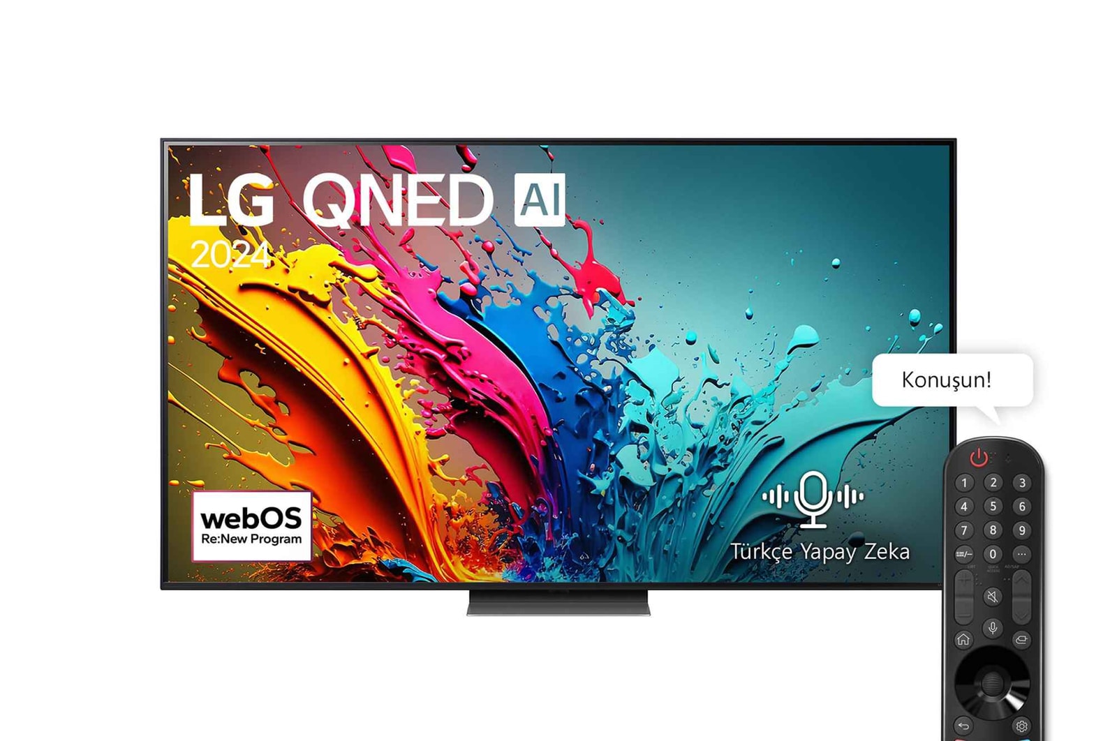 LG QNED TV, QNED86’un önden görünümü. Ekranda LG QNED, 2024 yazısı ve webOS Yenileme Programı logosu yer alıyor.