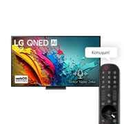 LG QNED TV, QNED85’un önden görünümü. Ekranda LG QNED, 2024 yazısı ve webOS Re:New Program logosu yer alıyor.