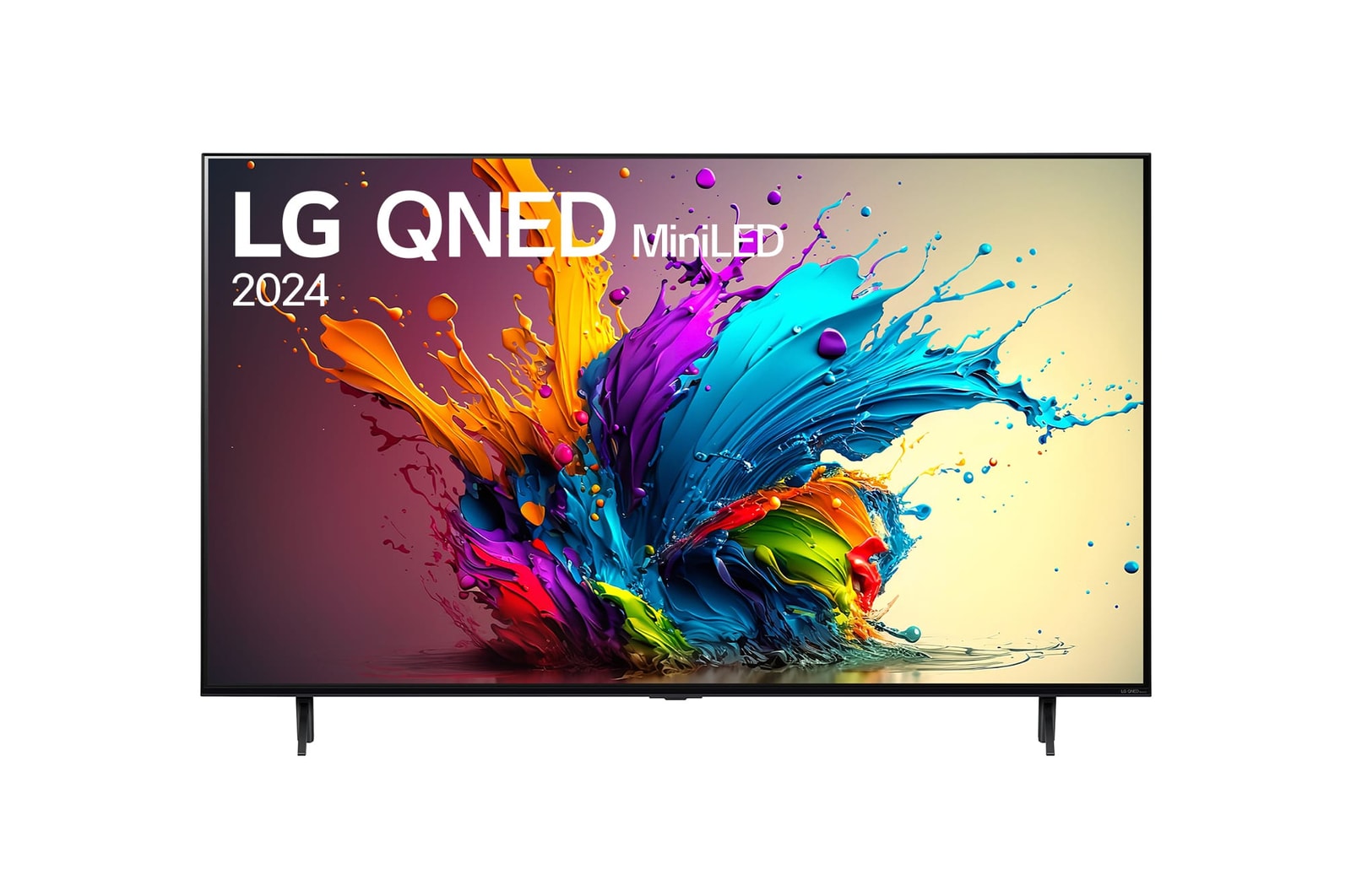 LG QNED TV, QNED90’un önden görünümü. Ekranda LG QNED MiniLED, 2024 yazısı ve webOS Re:New Program logosu yer alıyor.