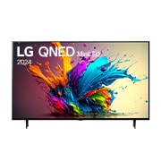 LG QNED TV, QNED90’un önden görünümü. Ekranda LG QNED MiniLED, 2024 yazısı ve webOS Re:New Program logosu yer alıyor.