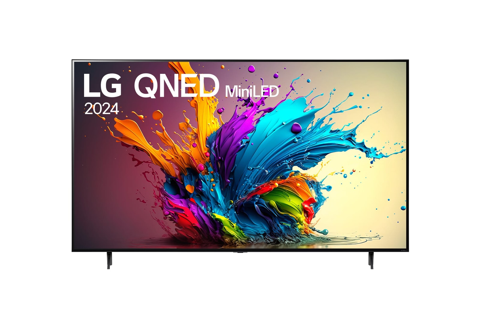 LG QNED TV, QNED90’un önden görünümü. Ekranda LG QNED MiniLED, 2024 yazısı ve webOS Re:New Program logosu yer alıyor.