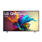 LG QNED TV, QNED90’un önden görünümü. Ekranda LG QNED MiniLED, 2024 yazısı ve webOS Re:New Program logosu yer alıyor.