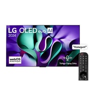 LG OLED evo AI TV'nin önden görünümü, OLED M4, 11 Yıldır Dünyanın 1 Numarası OLED Amblemi, webOS Re: Yeni Program logosu, ekranda 5 Yıllık Panel Garantisi logosu ve TV'ye bağlı 4K 144Hz kablosuz video ve ses aktarımına sahip Zero Connect Box ve kutudan çıkan bir Wi-Fi sinyali