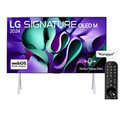 Front view with LG OLED TV, OLED M4 SIGNATURE on a stand, 11 Years of world number 1 OLED Emblem, webOS Re:New Program logo, 5-Year Panel Warranty logo on screen, and a Zero Connect Box with 4K wireless video & audio transfer connected to a TV, and a Wi-Fi signal coming out of the box