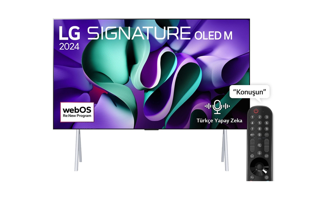 Front view with LG OLED TV, OLED M4 SIGNATURE on a stand, 11 Years of world number 1 OLED Emblem, webOS Re:New Program logo, 5-Year Panel Warranty logo on screen, and a Zero Connect Box with 4K wireless video & audio transfer connected to a TV, and a Wi-Fi signal coming out of the box