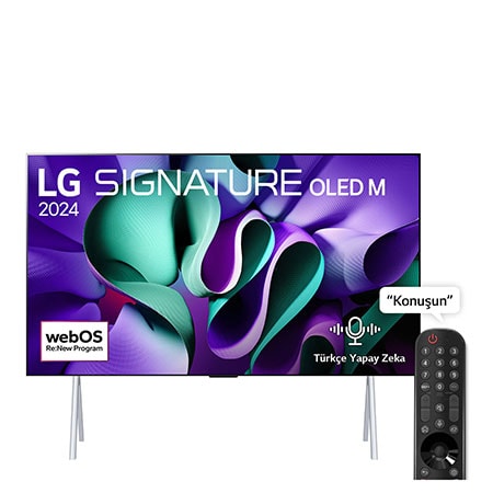 Ayaklı LG OLED M4 SIGNATURE OLED97M49LA'nın önden görünümü, ekranında 11 Yıldır Dünyanın 1 Numaralı OLED'i Amblemi, webOS Re:New Programı logosu, 5 Yıl Panel Garantisi logosu ve TV'ye bağlı 4K kablosuz video ve ses aktarımı ile Zero Connect Box ve kutudan çıkan bir Wi-Fi sinyali.