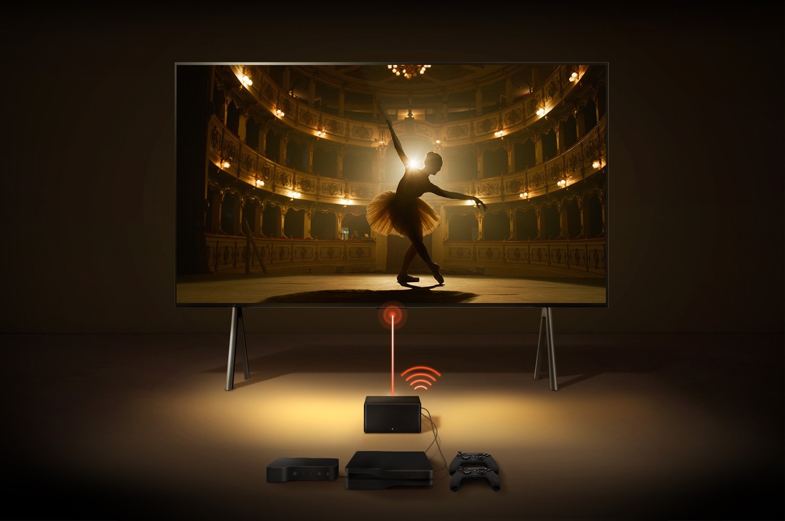 A Zero Connect Box in front of an LG SIGNATURE OLED M4, and a red Wi-Fi signal and red beam emitting towards the TV. The TV displays a ballerina dancing solo on stage.