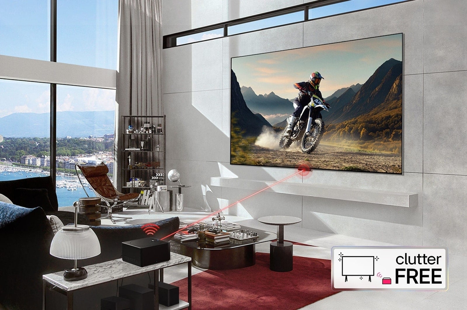 An LG SIGNATURE OLED M4 within an angled perspective mounted on the wall of a bright, modern living room. A Zero Connect Box on a table in front, and a red Wi-Fi signal and red beam emitting towards the TV. The words "clutter FREE" in the bottom right corner.