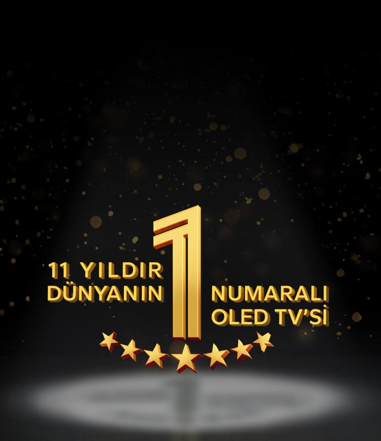 Siyah zemine karşı altın rengi 11 Yıldır Dünyanın 1 Numaralı OLED TV’si amblemi. Amblem üzerinde spot ışığı parlıyor ve üzerinde altın rengi soyut yıldızlar gökyüzünü kaplıyor.