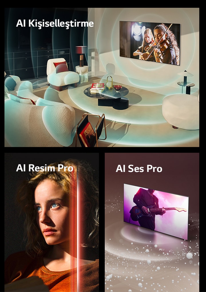 Modern bir yaşam alanına yerleştirilen LG OLED ekranında müzik performansı sergileniyor. Kişiselleştirmeyi tasvir eden mavi renkte dairesel dalgalar TV ve mekanı çevreliyor. Karanlık bir mekanda keskin mavi gözlere sahip ve koyu turuncu bir üst giyen kadın görüntüsü. AI geliştirmelerini tasvir eden kırmızı çizgiler parlak ve detaylı yüzün bir kısmını kapatırken görüntünün kalan kısmı donuk görünüyor. Ekrandan çıkan ses baloncukları ve dalgalarının mekanı kapladığı LG OLED TV görüntüsü.