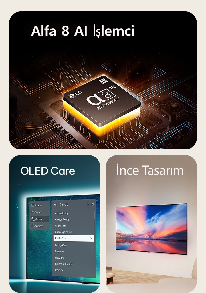 Ana kartın en üstünde turuncu ışık hüzmeleri yayan LG alfa 8 AI İşlemci görüntüsü.  OLED TV ekranda açık olan destek menüsünde OLED Care menüsü seçili halde görüntüleniyor.  Modern bir yaşam alanında duvara düz yerleştirilmiş ince tasarımın yandan görünümü.