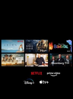 Film ve TV programlarına ait altı adet küçük resim gösteriliyor ve altında Netflix, Prime Video, Disney+ ve Apple TV+ logoları yer alıyor.