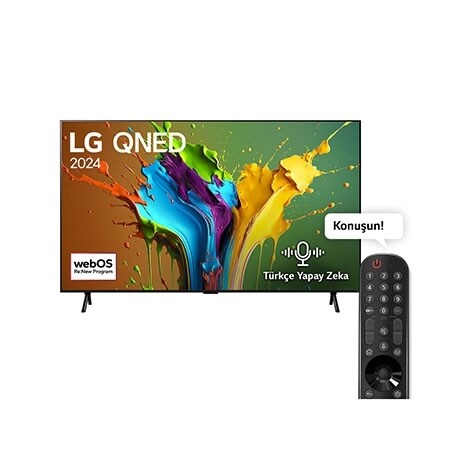 LG QNED TV, QNED89’un önden görünümü. Ekranda LG QNED, 2024 yazısı ve webOS Re:New Program logosu yer alıyor.