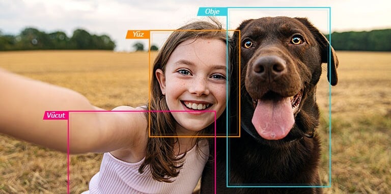 Yüz, vücut ve obje alanı seçiliyken tarlada bir köpekle selfie çeken bir kız.