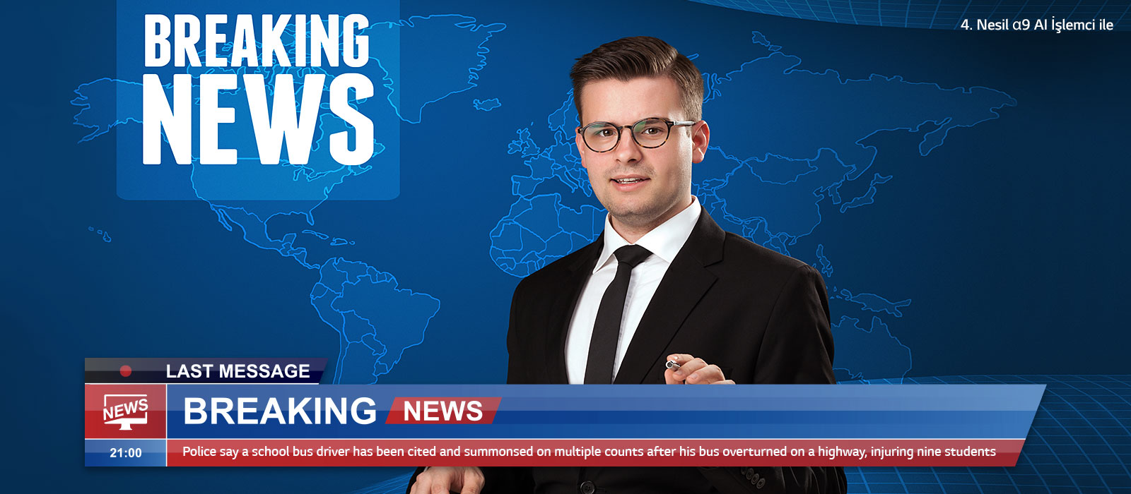 Arkasında dünya haritasıyla son dakika haberleri sunan bir spikerin görüntü kalitesini karşılaştıran kaydırmalı ekran.
