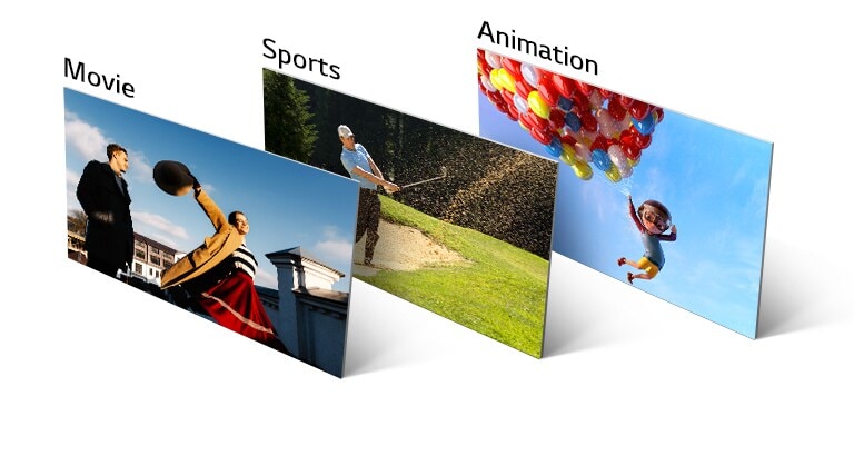 Bir film sahnesi, golf maçı ve animasyon sahnesi dikey ve eğik olarak sıralanmıştır.