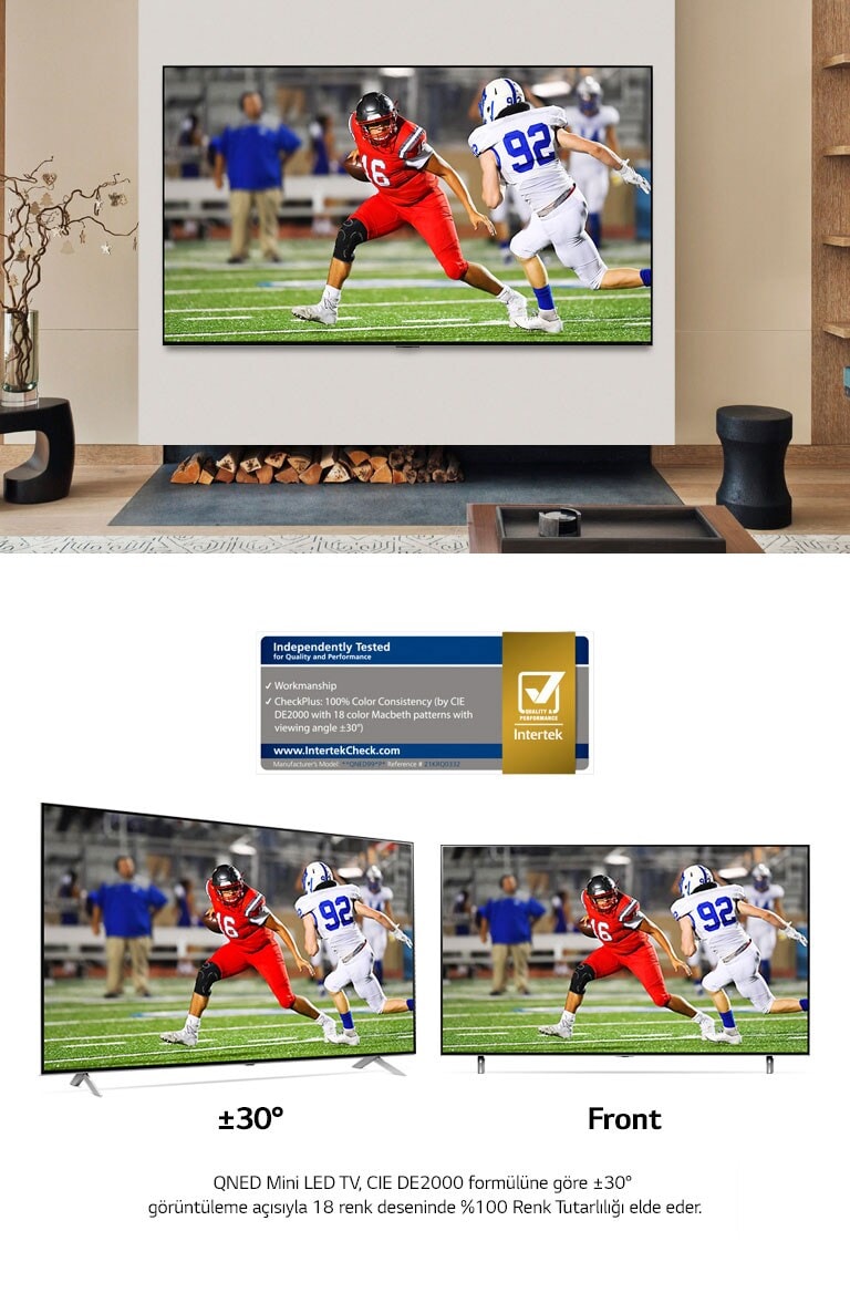 Modern bir iç mekanda, canlı renklere sahip bir futbol maçını gösteren duvara monte TV. Yan yana duran iki LG QNED Mini LED TV'de, bir futbol maçının önden ve açılı görüntüsü gösterilir. Resim her iki açıdan da tutarlı bir şekilde canlı ve doğru görüntülenir.
