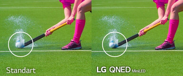 Su dolu bir alanda topa vuran hokey oyuncusunun iki görüntüsü. Soldaki görüntü, standart bir LCD TV'de, sağdaki görüntü ise LG QNED Mini LED’de gösterilir.