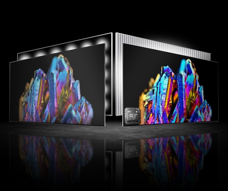 Biri solda diğeri sağda olmak üzere iki TV ekranı. Her TV'de renkli bir kristalin aynı görüntüleri vardır. Soldaki görüntü biraz soluk, sağdaki görüntü ise çok canlıdır. Sağdaki görüntüde TV'nin sol alt köşesinde işlemci çipi görüntüsü vardır.