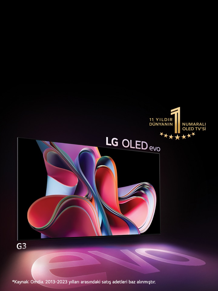 LG OLED G3 evo, karanlık bir alanda parlak bir şekilde parlamaktadır. Sağ üstte ise OLED'in 10. yıl dönümünü kutlayan bir logo yer almaktadır.