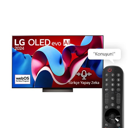 Önden görünümde LG OLED evo C4 OLED65C46LA. Ekranda, 'Dünyanın 11 Yıldır 1 Numaralı OLED'i' amblemi ve webOS Re Programı logosu.Önden görünümde LG OLED evo C4 OLED65C46LA. Ekranda, 'Dünyanın 11 Yıldır 1 Numaralı OLED'i' amblemi ve webOS Re Programı logosu.