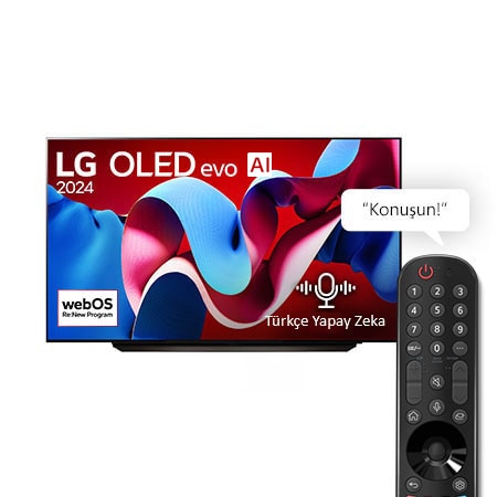 Önden görünümde LG OLED evo C4 OLED83C46LA. Ekranda, 'Dünyanın 11 Yıldır 1 Numaralı OLED'i' amblemi ve webOS Re Programı logosu.