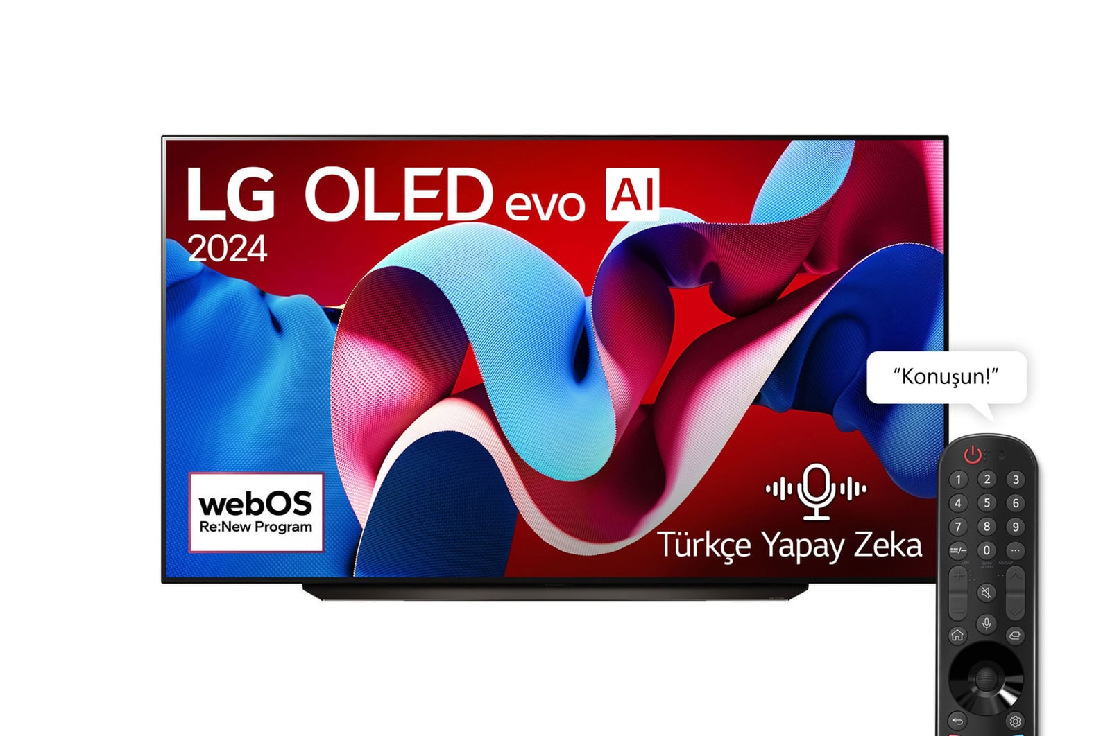 LG OLED evo AI TV, OLED C4’ün önden görünümü. Ekranda 11 Yıldır Dünyanın 1 Numaralı OLED’i amblemi ve webOS Re:New Program logosu.