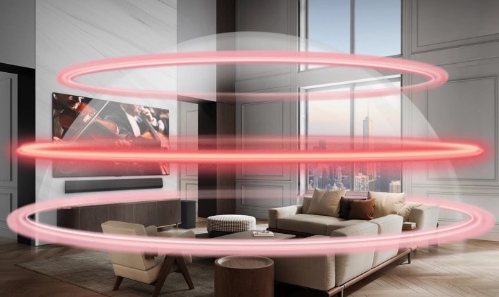 LG Soundbar ve LG TV büyük bir şehir apartmanında. Sanal katmanları tasvir eden üç kırmızı bant her seferinde biri olmak üzere görünür ve bir araya gelerek bütün bir ses kubbesi oluşturur.