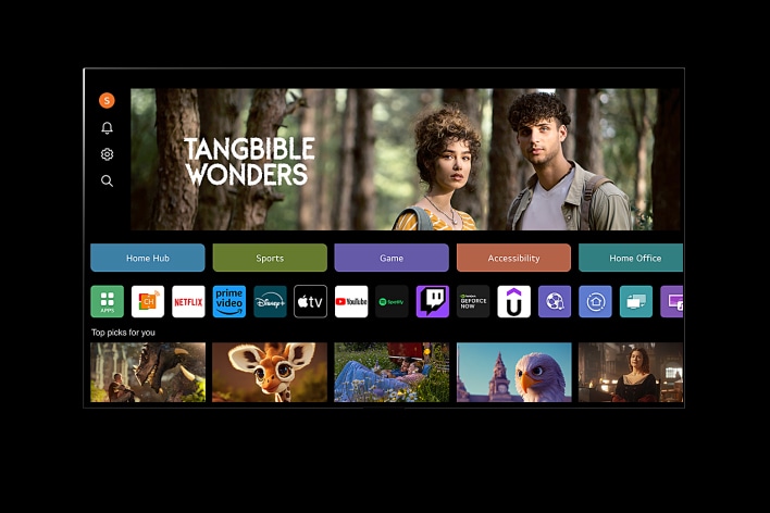 LG TV ekranında Profilim gösteriliyor. İmleç sol üst köşedeki baş harfe tıklayarak LG Hesaplar menüsünü açar ve ikinci ada tıklar. TV ekranında farklı küçük resimler bulunan yeni bir Profilim ekranı görünür.