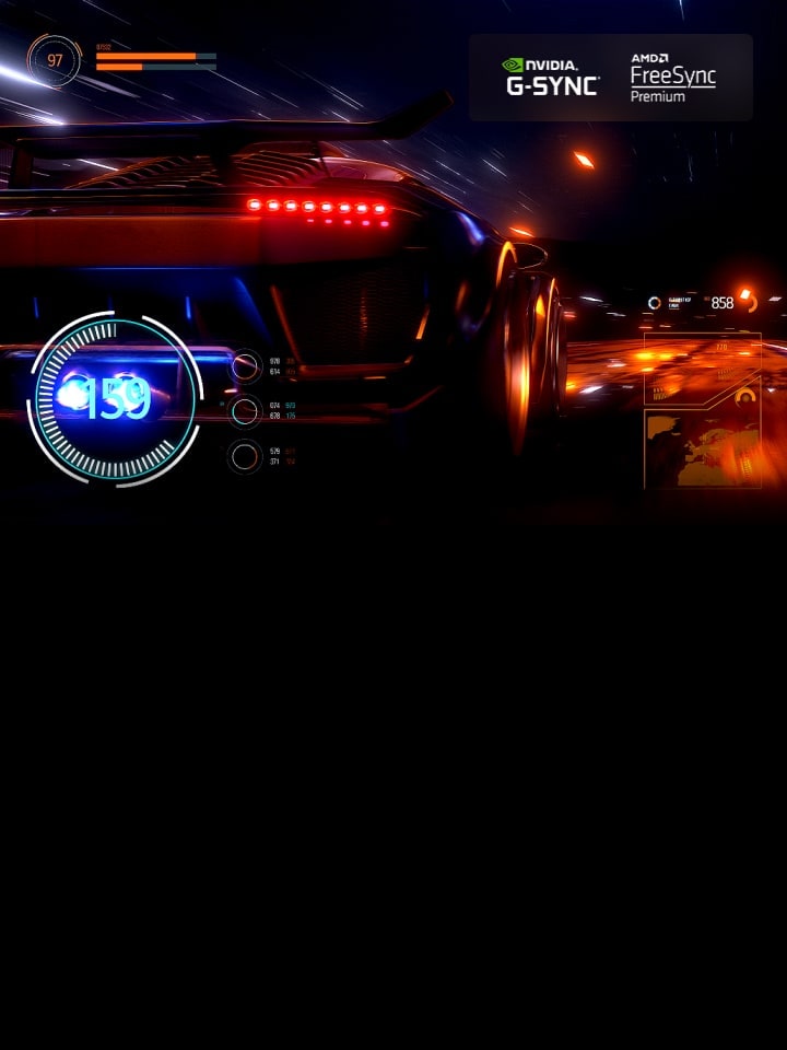 Bir yarış oyununda hızlı giden bir arabayı gösteren bulanık bir sahne, üzerinde hız göstergesi grafiği yer alıyor. Hız arttıkça sahne daha net ve pürüzsüz olacak şekilde iyileştirilir ve NVIDIA G-SYNC logosu ile FreeSync Premium logoları sağ üst köşede görünür.
