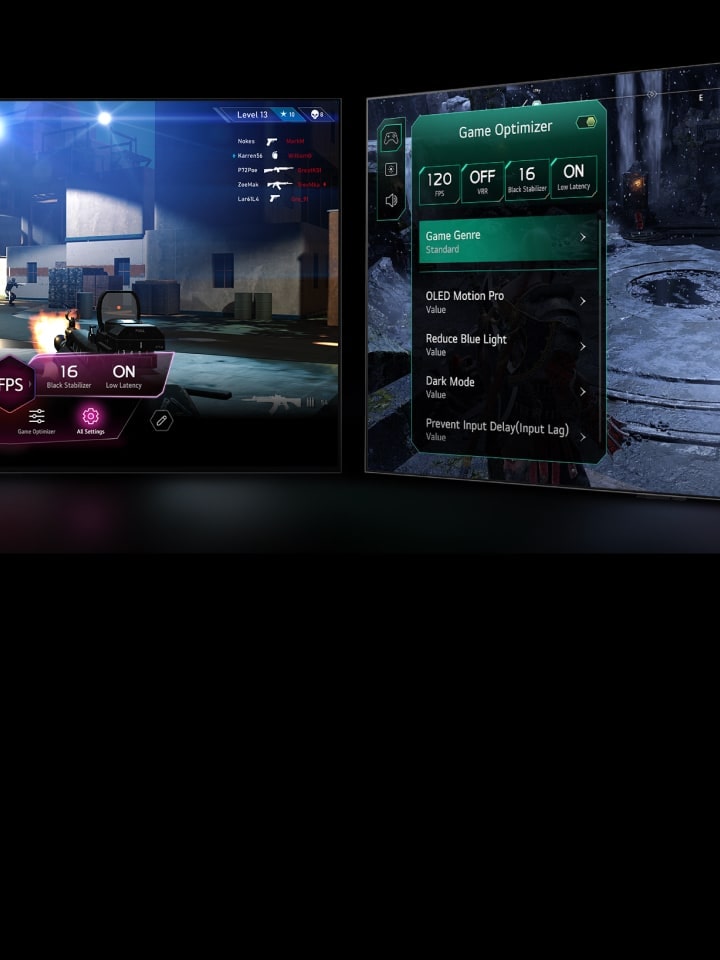 Ekranında oyun görüntüsü yer alan iki LG TV. Sol monitörde Oyun Kontrol Paneli, sağ monitörde Oyun Optimize Edici görüntüleniyor. Her ikisi de oyun ekranının üzerinde yer alıyor.