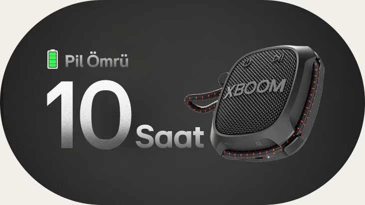 Sonsuz uzayda duran LG XBOOM Go XG2, 10 saatlik pil ömrünü gösteriyor.