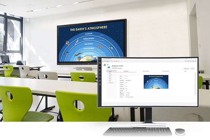 圖片顯示使用 LG ConnectedCare DMS 解決方案網頁監控與管理教室內的互動式電子白板