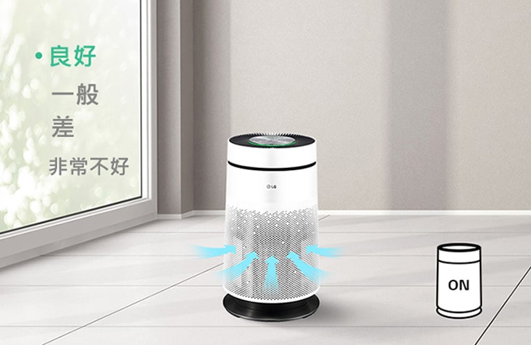 圖片顯示代表流入機器的空氣箭頭,左側是「優良」、「正常」、「不良」、「糟糕」等字樣,而在機器啟動時會顯示為「優良」。