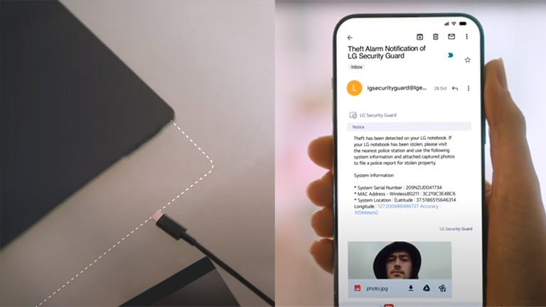 當使用者離開LG gram時，安全防護系統即會啟動，並相使用者發出警示提醒。