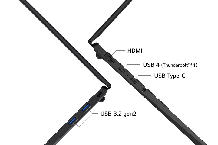 畫面突顯筆記型電腦側面的各種連接埠,包括 HDMI、USB 4 (Thunderbolt™ 4)、USB Type-C 以及 USB 3.2 gen2。展示筆記型電腦多樣化的連接選項。