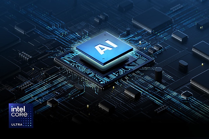 一台筆記型電腦螢幕上顯示 AI 晶片圖案，周圍環繞著未來感十足的電路板設計，強調其先進的處理能力。Intel Core Ultra 標誌在左下角搶眼地顯示，突顯其先進效能。