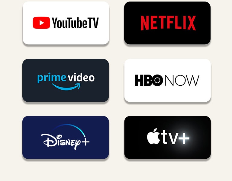 OTT 串流服務圖示排成一列。從左上開始：Netflix、Amazon Prime Video、HBO NOW、YouTubeTV、Disney+。及 Apple TV+。